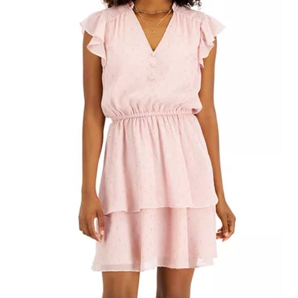 INC International Concepts Pale Mauve Flutter-Sleeve Tiered Mini Dress MED NWT - Picture 1 of 2